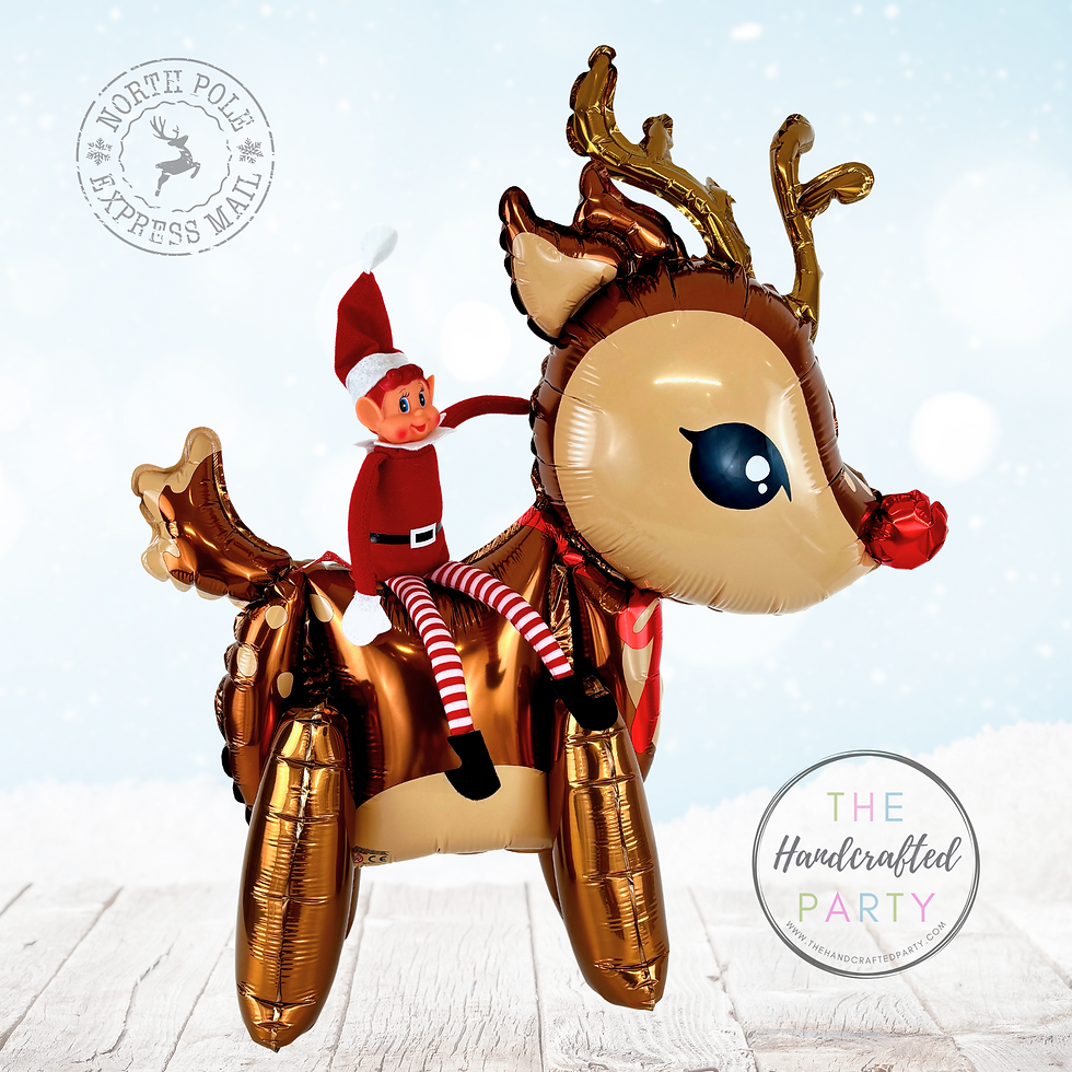 Thumbnail: Standing Reindeer with Personalised Star Elf Arrival Balloons