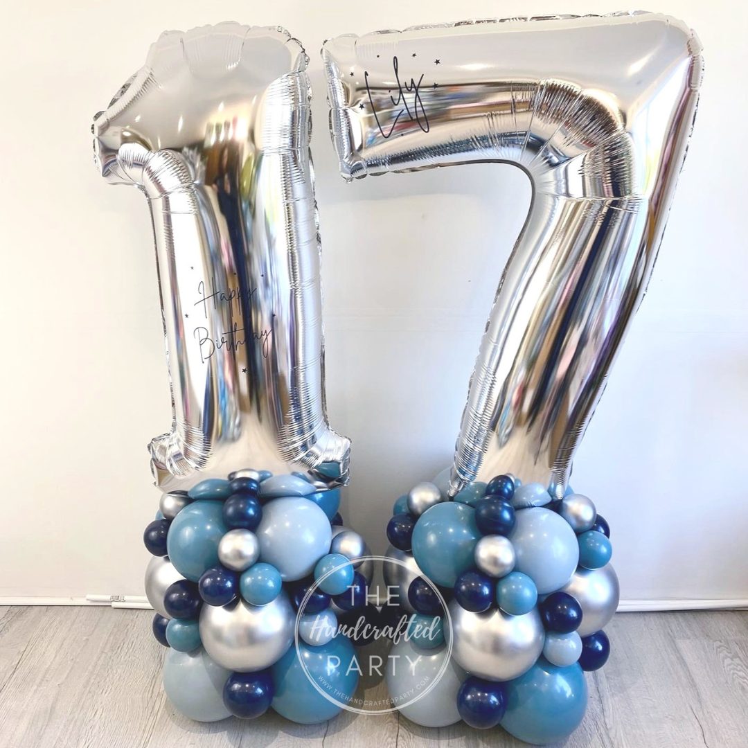 Pair of Deluxe Number Balloon Stacks - Blues and Silver