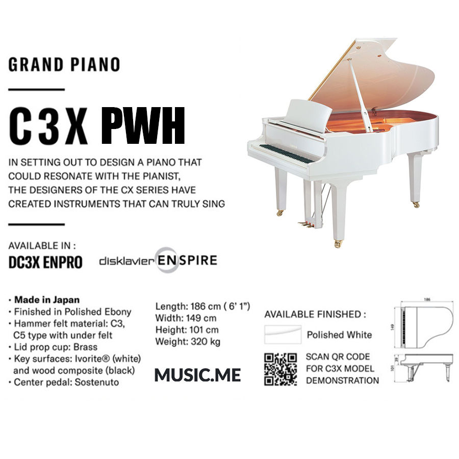 縮圖：Yamaha C3X Grand Piano สีขาว Polished White ขนาด 6’1” ซีรีส์ CX จาก Yamaha