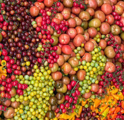 Decorative arrangement of tomatoes and chillies. Photo by Anthony Rahayel on Pexels.