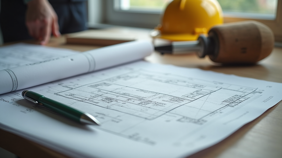Close-up view of blueprint and construction tools on a table