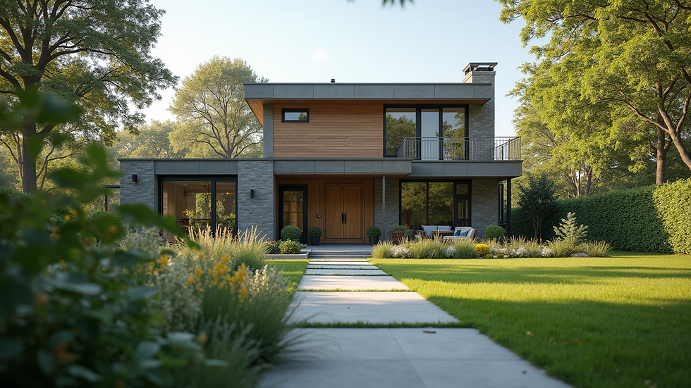 Eye-level view of modern home exterior with natural landscaping