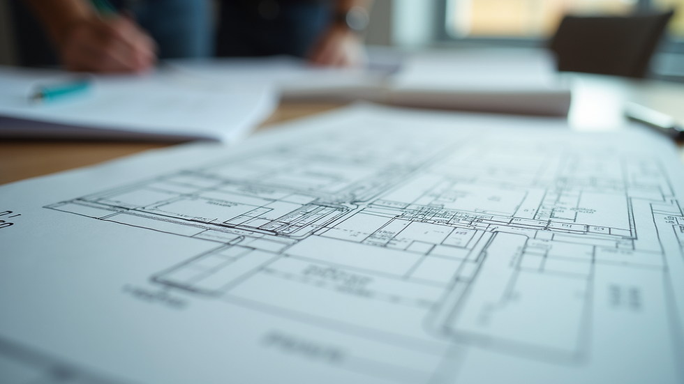 Close-up view of blueprint and construction plans on a table
