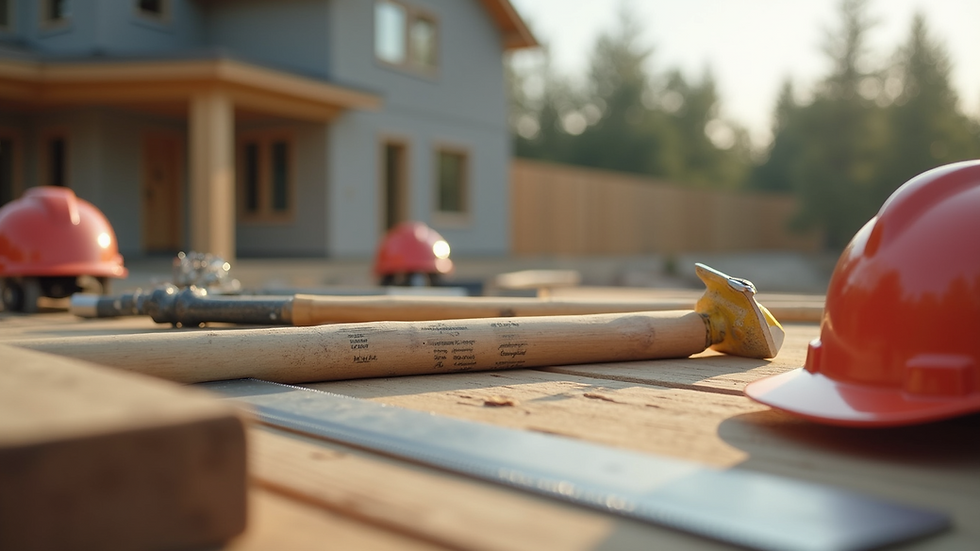 Close-up view of construction materials and tools on a custom home site