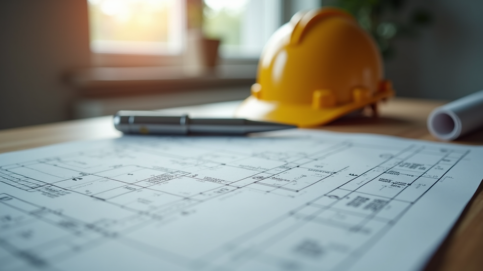 Close-up view of blueprint and construction tools on a table