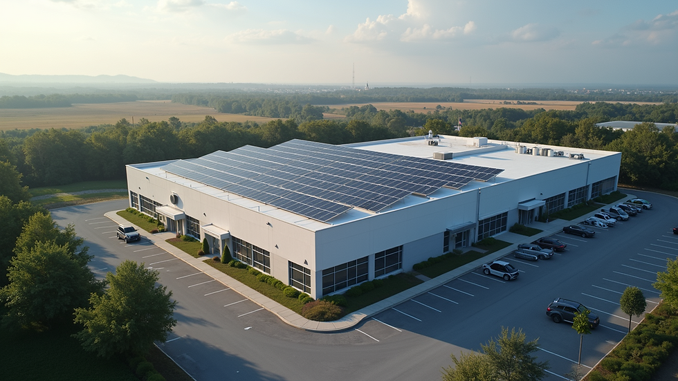 High angle view of a completed commercial building with solar panels on the roof