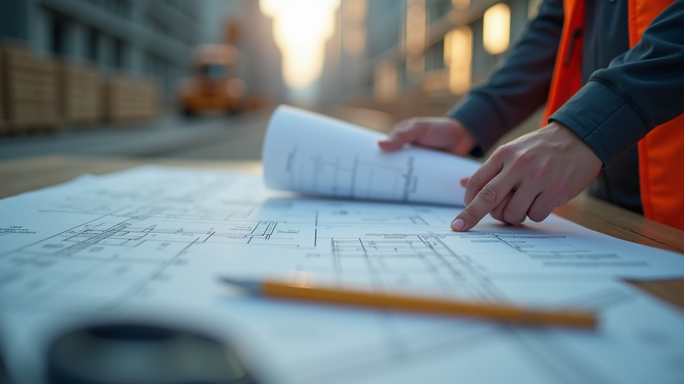 Close-up view of a construction manager reviewing blueprints on site