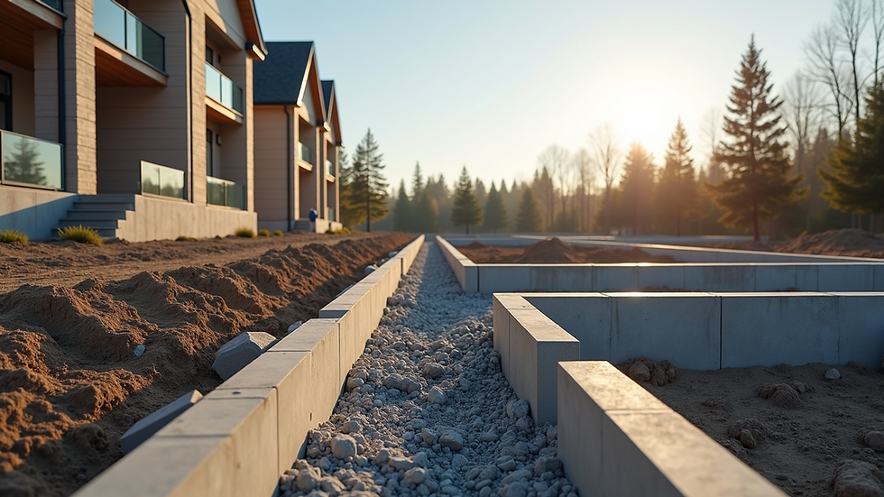 Wide angle view of residential construction site with foundation work