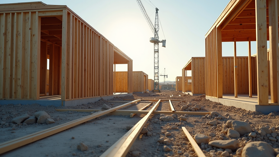 Eye-level view of modular construction components being assembled on site