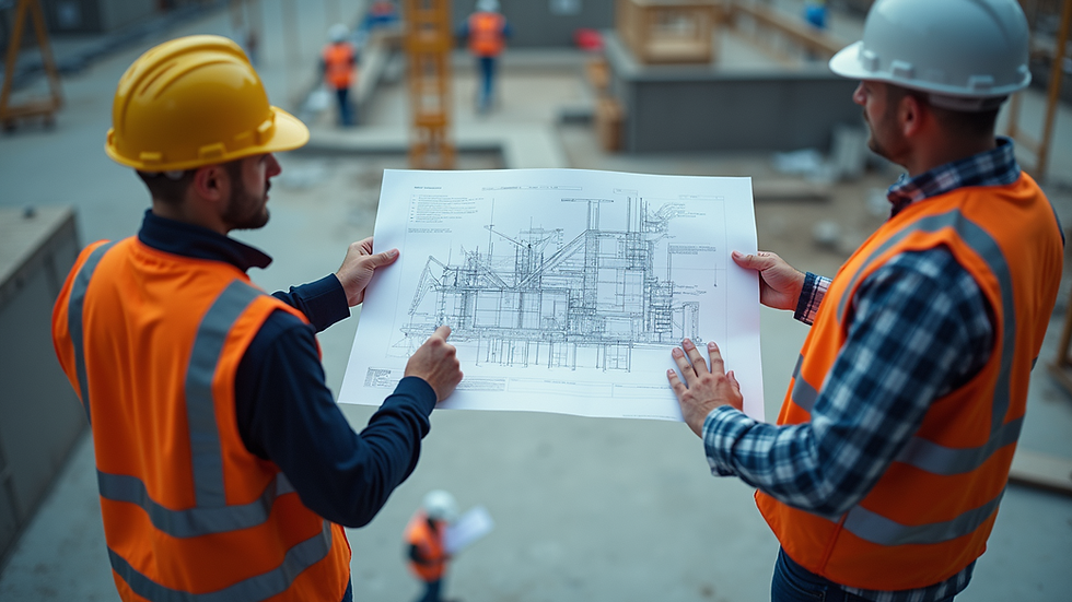 High angle view of a construction site with engineers reviewing blueprints