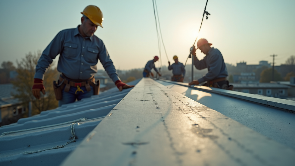 Close-up view of construction workers installing roofing on a commercial building