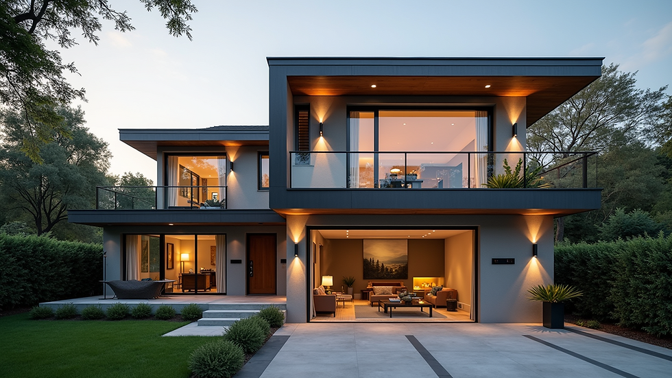 Eye-level view of modern home exterior with large windows