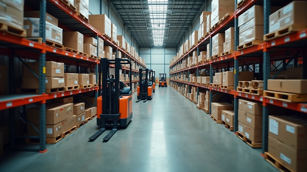 High angle view of a commercial warehouse interior with shelving and forklifts