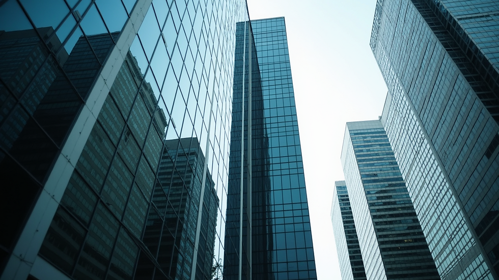 Eye-level view of a modern office building with reflective glass windows