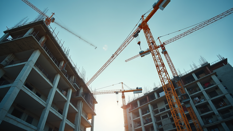 Eye-level view of a construction site with cranes and building framework