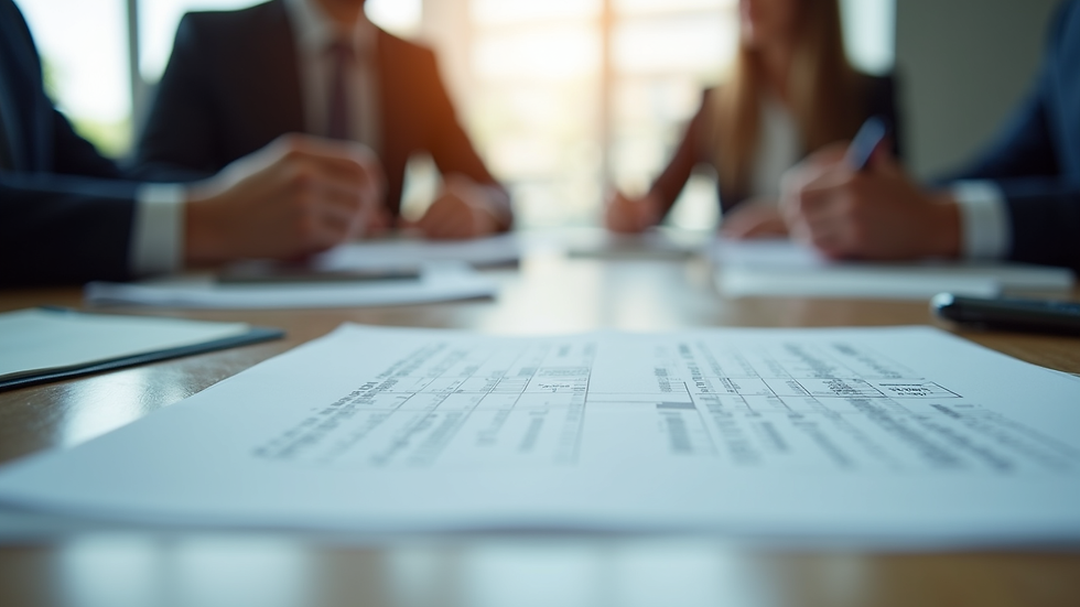Eye-level view of a business meeting with tax documents on the table