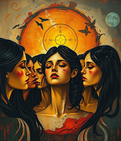 mixed media portrait of soulful women in circle, textured brushwork, modern renaissance st