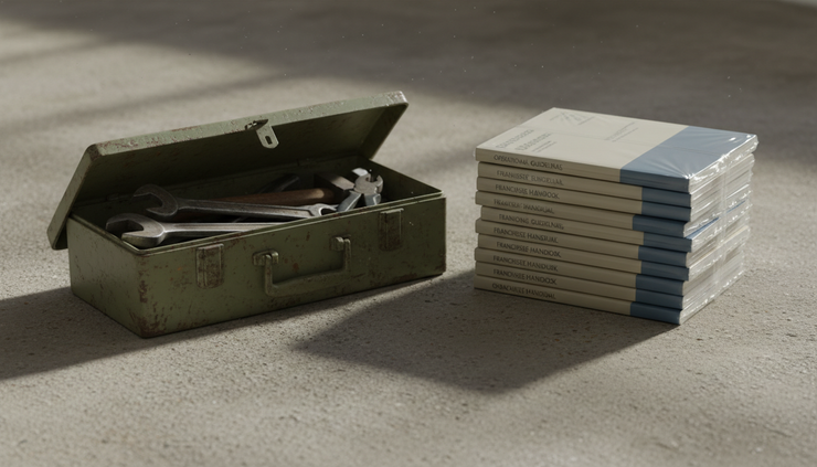 Close-up view of a worn toolbox beside unopened training manuals on a concrete floor.