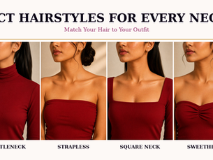 Eight necklines paired with their ideal hairstyles — boat neck, off-shoulder, turtleneck, strapless, square, sweetheart, V-neck and halter — in deep red tops.