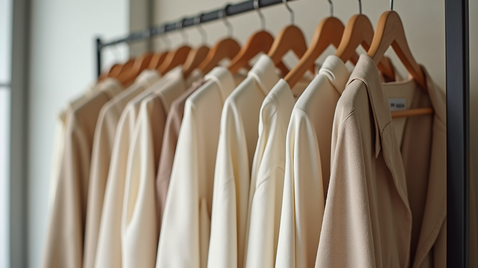 Eye-level view of a clothing rack displaying a selection of minimalist outfits