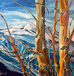 Acrylic paintint of birch trees in winter mountains.