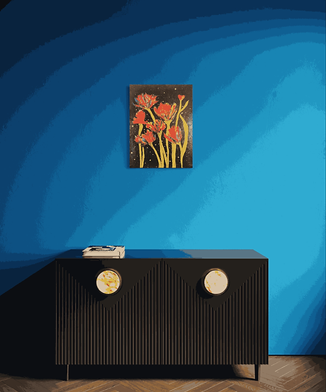 Bold red and orange flowers on tall green stems glowing against a black night sky dotted with soft yellow star-like specks on a wall.