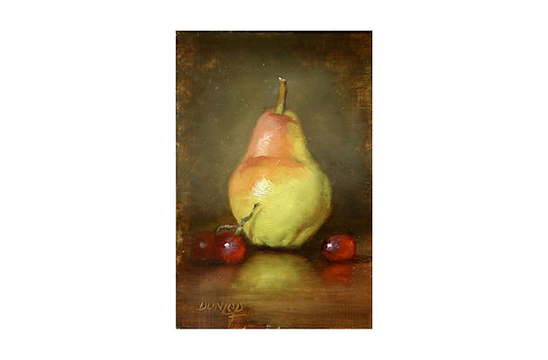 Oil painting of a pair of sitting on a table side, the pears to small cherry tomatoes. There is a reflection of the pear on the table.