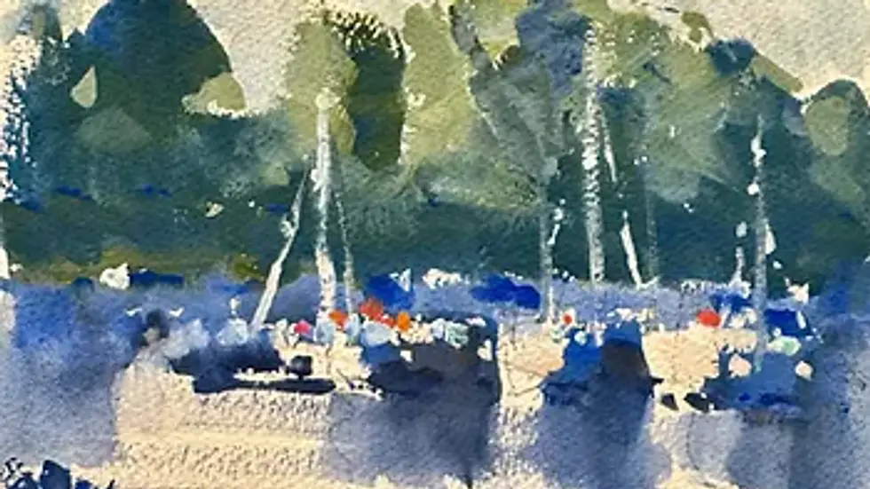 Gouache painting of three boats on the harbour.