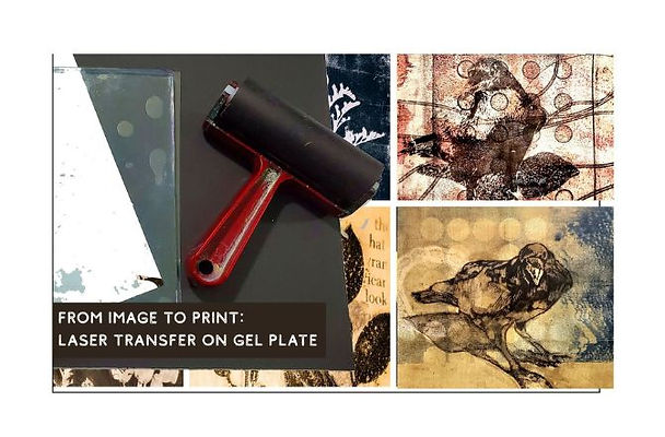 Promotional graphic for “From Image to Print: Laser Transfer on Gel Plate,” featuring a red-handled brayer, gel printing plate, and examples of layered bird prints. The finished artworks combine bird imagery with circles, botanical elements, text, and textured patterns in earthy brown, black, blue, and cream tones.