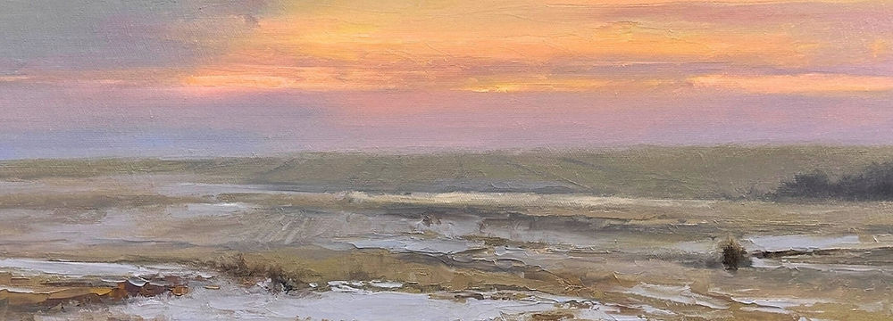 Oil painting of a sunset and a landscape.