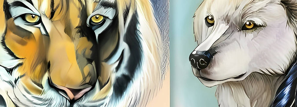Two drawings of a tiger and a wolf.