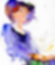 Watercolour painting of a woman with a purple hat.
