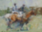 Abstract painting of two riders on horses, blurred motion. Earthy tones blend with greens. Energetic, lively scene, no visible text.