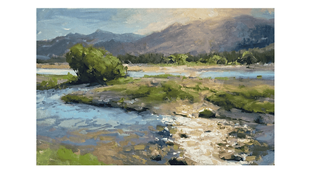 Oil painting, landscape of a creek with mountains in the background.