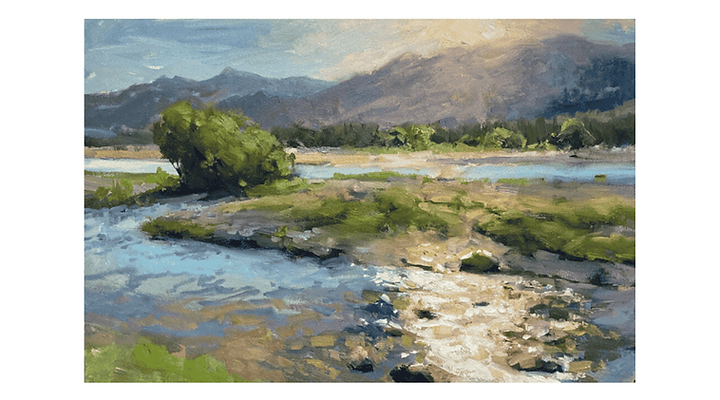 Oil painting, landscape of a creek with mountains in the background.