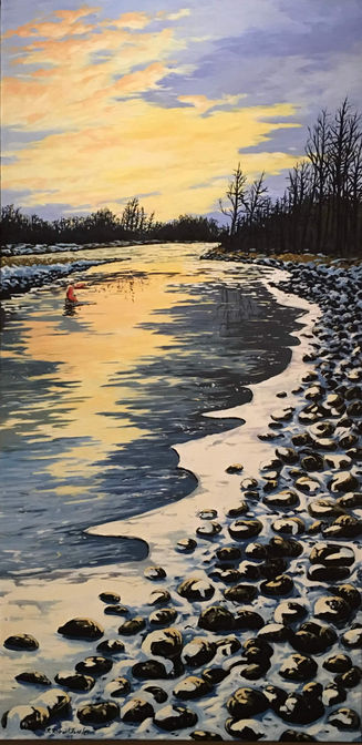 Painting of a shallow beach.