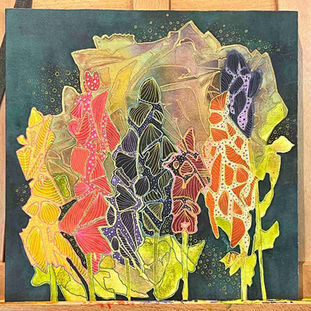 Tall stylized flowers in vivid pinks, oranges, yellows, and purples glowing against a deep teal night background with soft star-like dots.