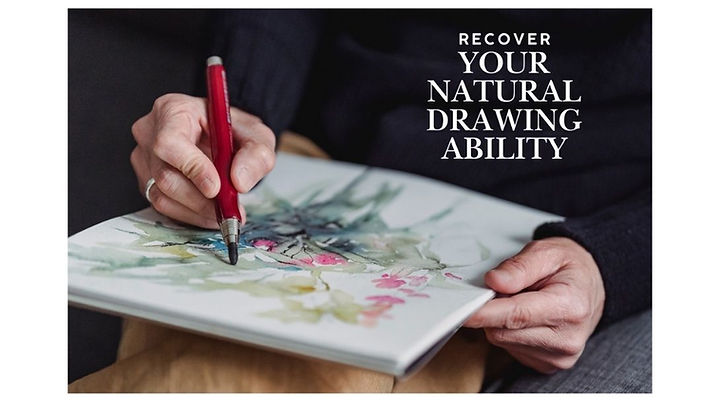 A person drawing flowers on a sketchbook. With the words "recover your natural drawing ability" in the front.