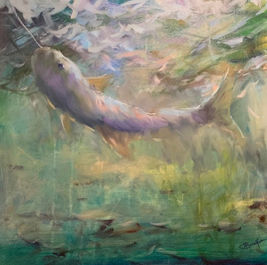 Oil painting of a fish in seaweed.