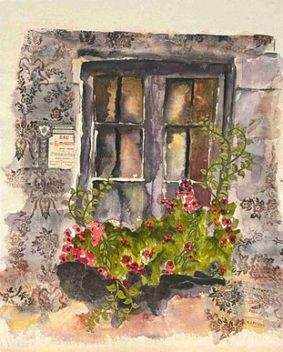 Rustic stone window framed by aged plaster and wallpaper textures, with lush red flowers growing in a windowsill planter.