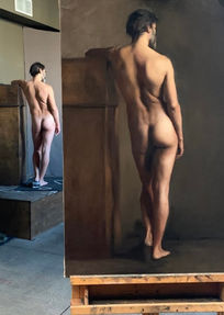 Painting of a man facing a wall on an easel with The Man! standing behind.