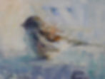 Abstract painting of a bird in motion, with blue and brown brushstrokes. The background is textured and light-toned, with a signature.