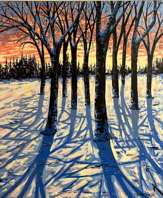Acrylic painting of trees during a sunset.