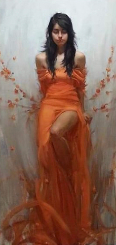Painting of a woman in an orange dress.
