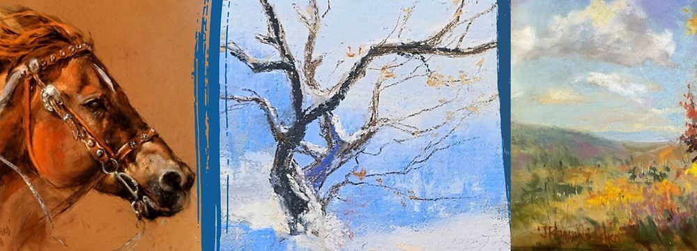 Triptych of expressive paintings featuring a detailed chestnut horse wearing a bridle, a bare winter tree against a snowy blue landscape, and a colourful countryside scene with golden autumn foliage, rolling hills, and a softly clouded sky.