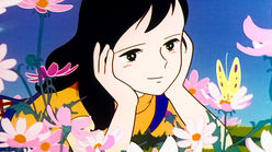 Anime drawing of a woman with dark hair laying in a flower covered field.