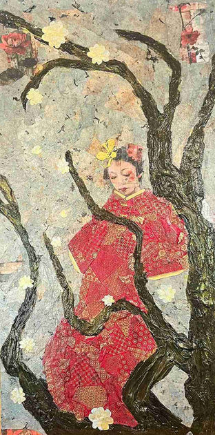 Mixed-media portrait of a woman in a patterned red kimono framed by blossoming tree branches on a textured background.