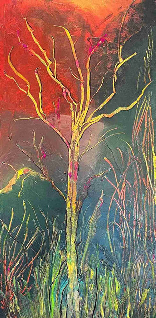 Expressive tree painted with textured strokes glowing in warm oranges and golds against a deep twilight sky.