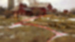Landscape painting of a large red barn.