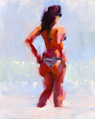 Oil painting of a woman on the beach.